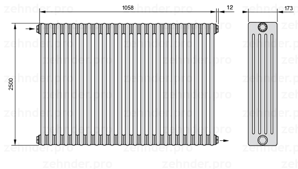 Схема (чертеж) Радиатор Zehnder Charleston 5250/23 №1670 Белый глянцевый RAL 9016